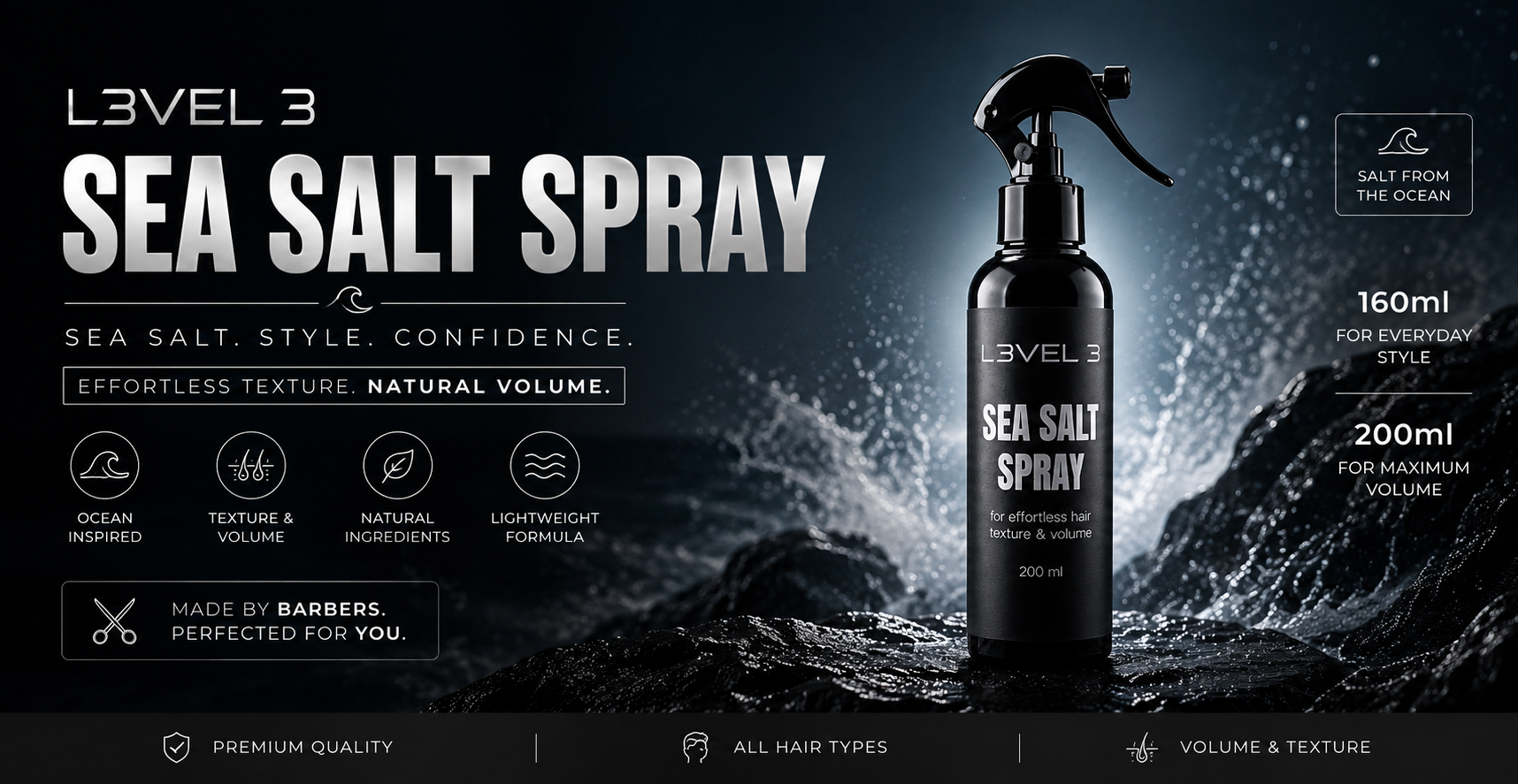 A bottle of Level 3 Sea Salt Spray hair product shown on a dark, dramatic ocean-wave background with large promotional text and icons around it.